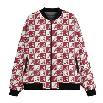 Jacket with repeated logo pattern on a white background