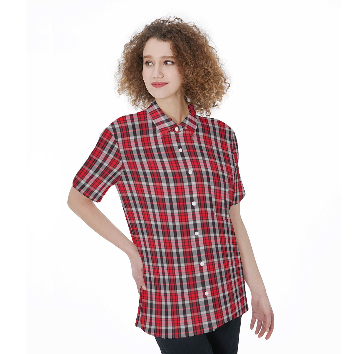 New Mexico Tartan Plaid Lobos Women's Short Sleeve Shirt With Pocket