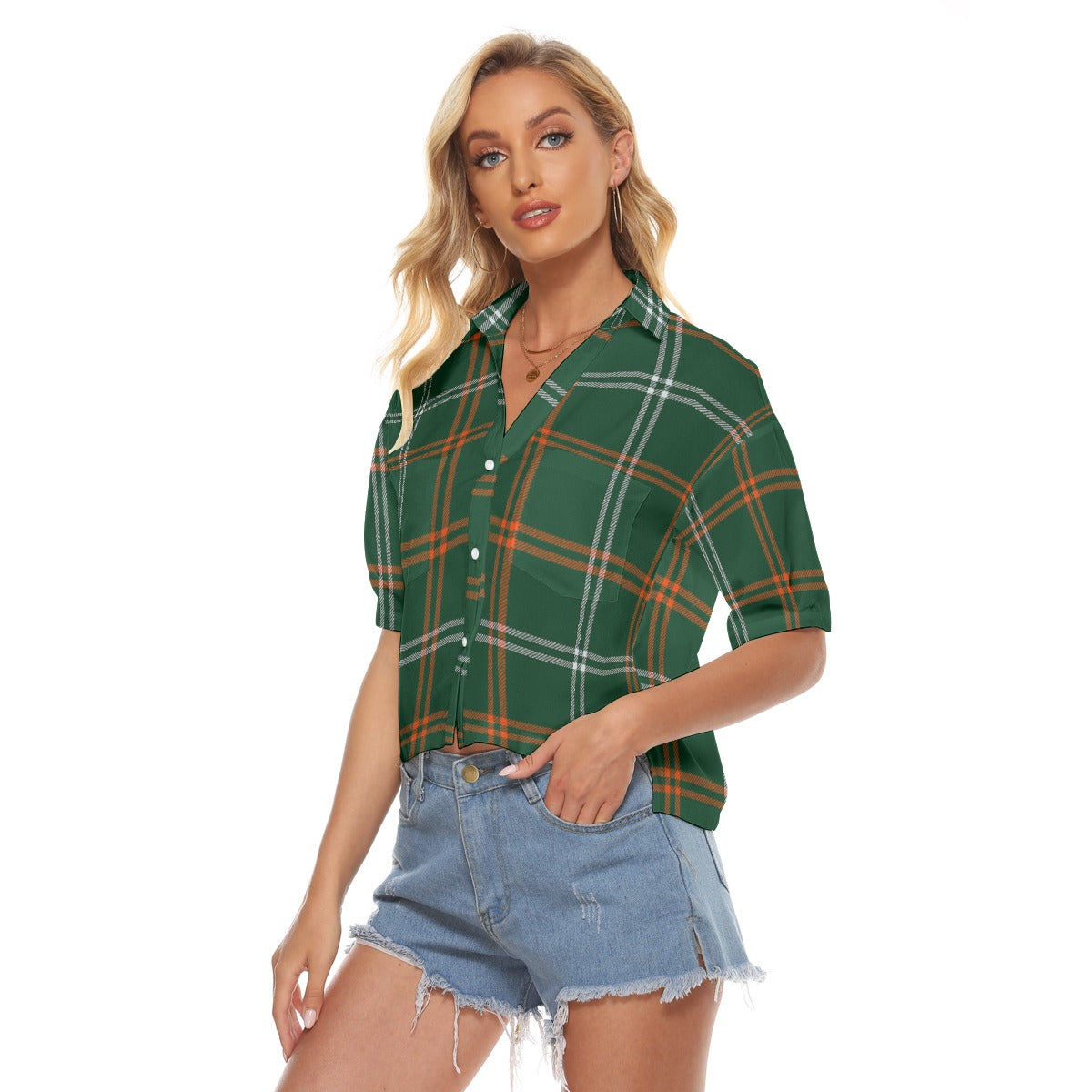 Urban Legend Miami Hurricanes Tartan Plaid Women's V-Neck Shirt – Orange and Green College Streetwea