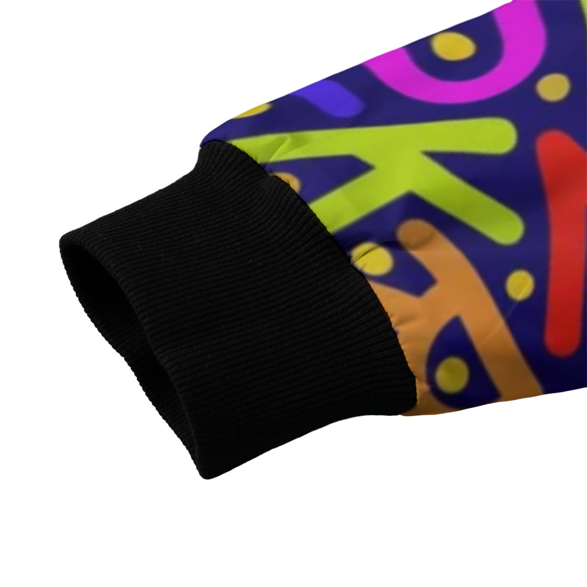 Urban Legend 90s Street Icons Bright Random Pattern Latin Letters Fleece Bomber Jacket