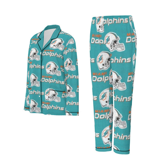 Miami Football Game Day All-Over Print Women's Long Sleeve Pajama Set With Black Contrast Piping