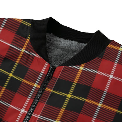 MacPherson – deep red with black and subtle yellow tartan Fleece Bomber Jacket