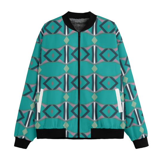 BoomBox Vibes Green Geometric Shapes Fleece Bomber Jacket – Futuristic Urban Streetwear