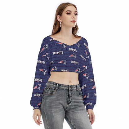 New England Football Game Day All-Over Print Women's V-neck Long Sleeve Cropped Sweatshirt