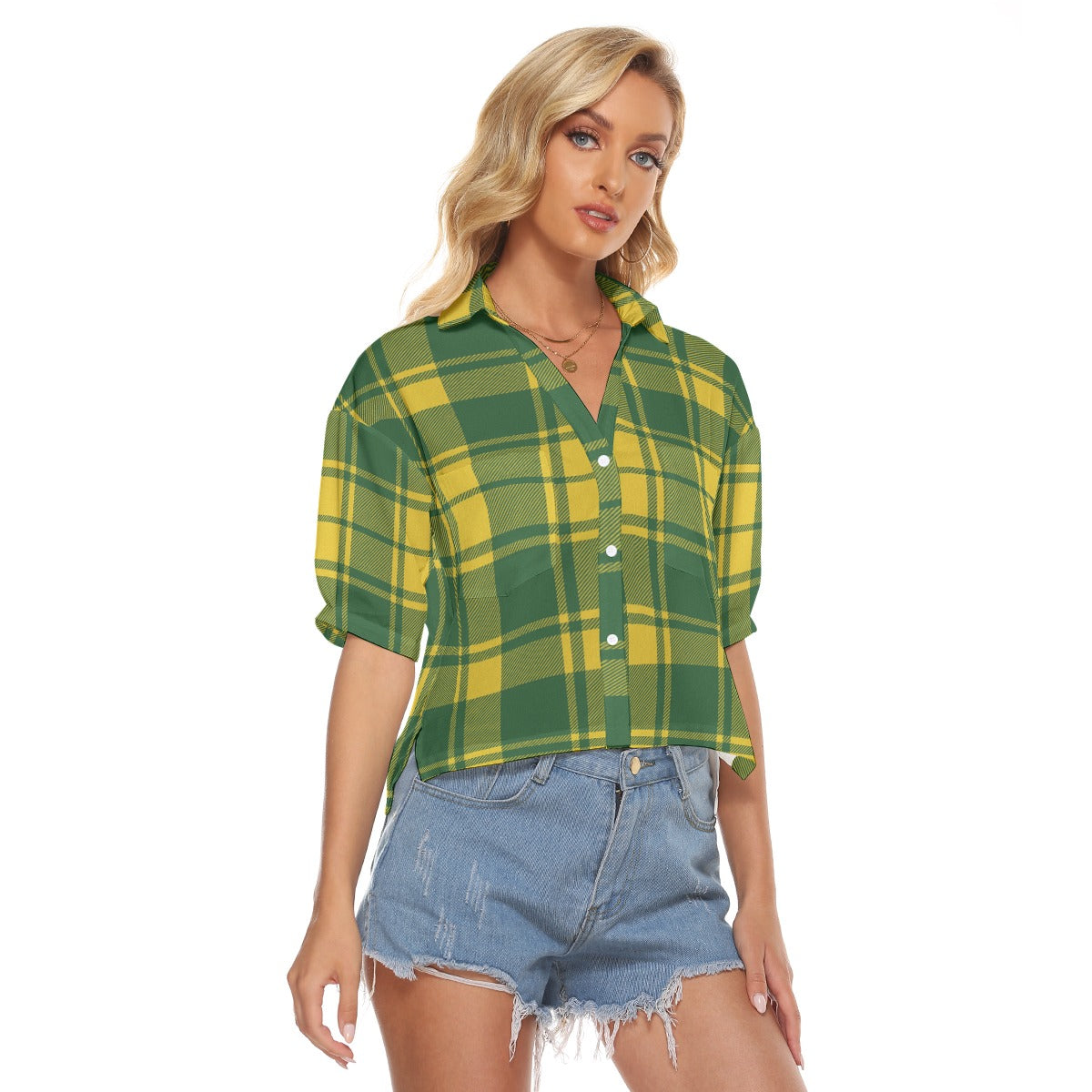 Urban Legend Oregon Ducks Tartan Plaid Women's V-Neck Shirt – Green and Yellow College Streetwear wi