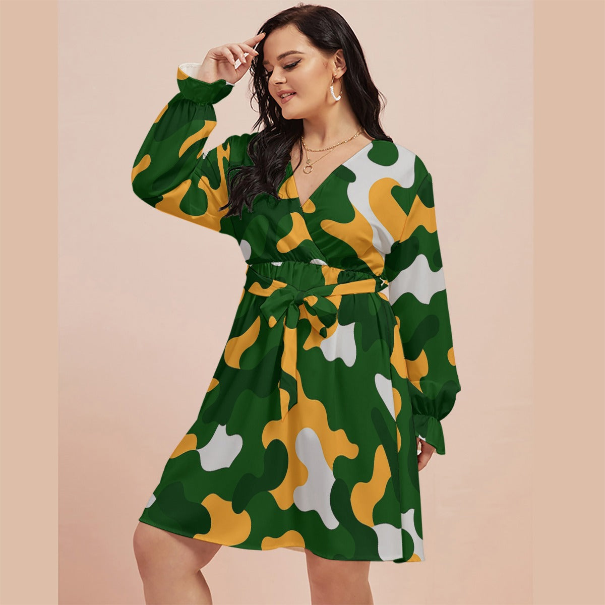 Green Bay Football Game Day All-Over Print Women's V-neck Dress With Waistband(Plus Size)