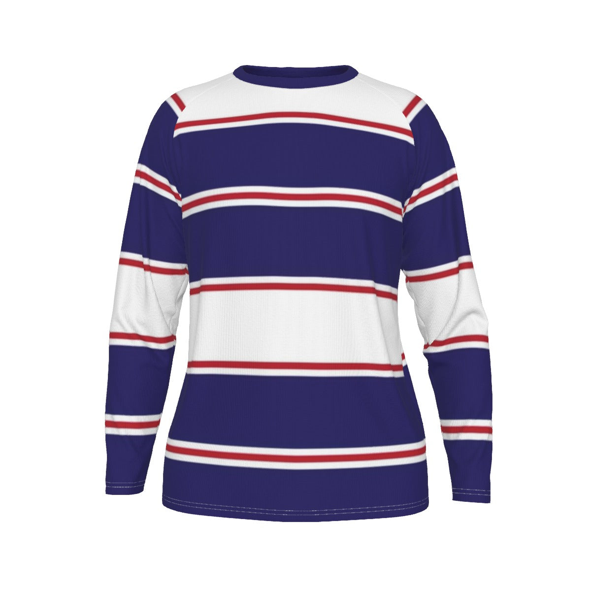 Long-sleeve shirt with blue, white, and red horizontal stripes on a white background