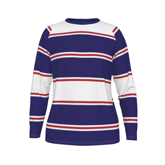 Long-sleeve shirt with blue, white, and red horizontal stripes on a white background