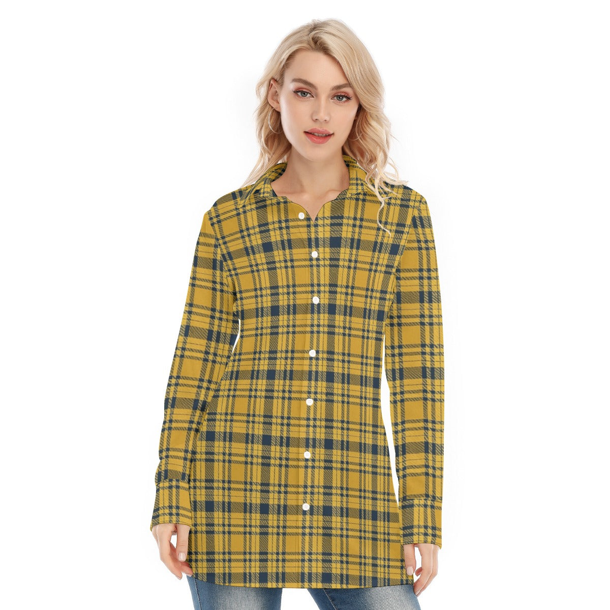 Georgia Yellow Jackets Tartan Plaid  Women's Long Shirt |115GSM Cotton poplin