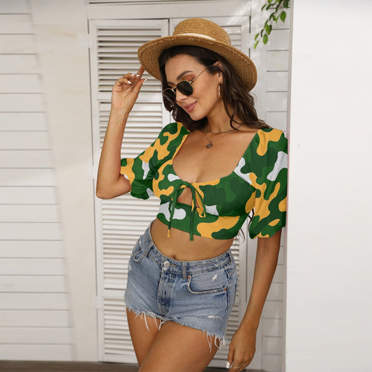 Green Bay Football Game Day All-Over Print Women's Square Collar Cropped Top With Puff Sleeve