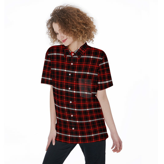 Nebraska Tartan Plaid Cornhuskers Women's Short Sleeve Shirt With Pocket