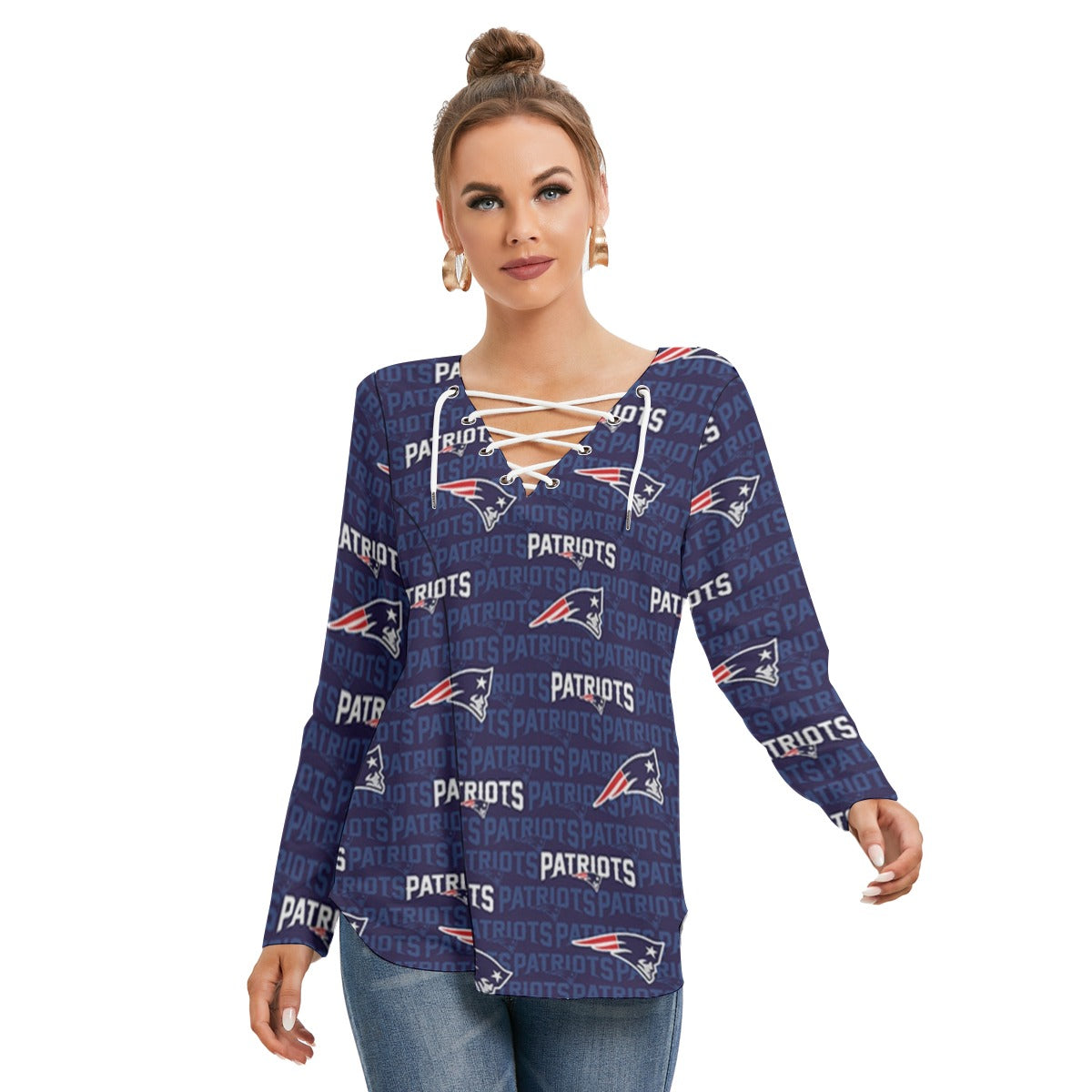 New England Football Game Day All-Over Print Women's Long Sleeve Neckline Tie Sweatshirt