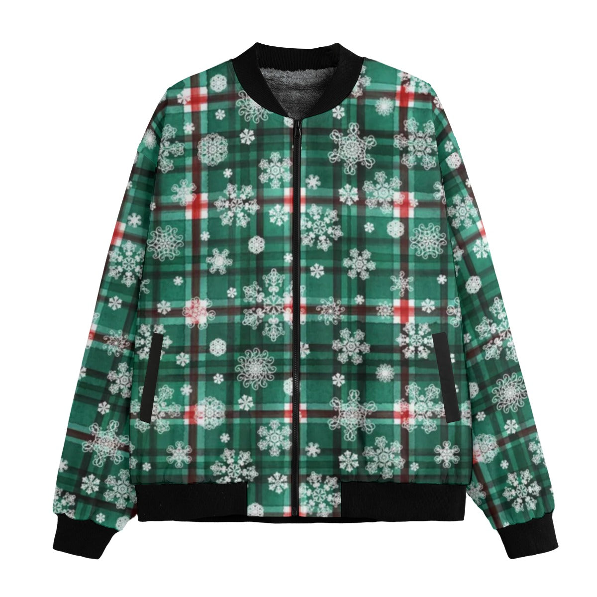 Urban Legend Christmas Snow Inspired Green Plaid Stripe Fleece Bomber Jacket