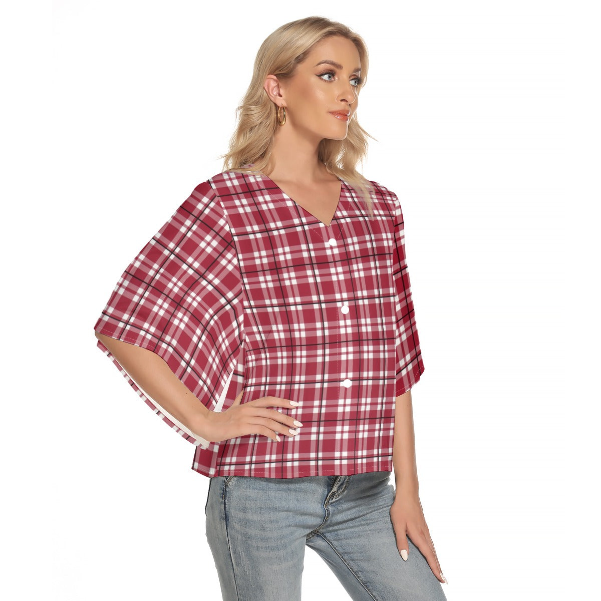 Alabama Tartan plaid  Women's Bat Sleeve Light V-neck Front Buttoned Top