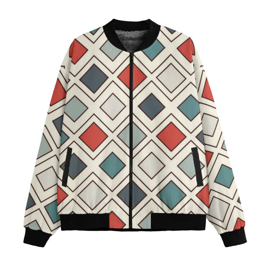BoomBox Vibes Repeated Diamonds Geometric Fleece Bomber Jacket – Modern Streetwear Style