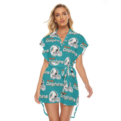 Miami Football Game Day All-Over Print Women's Stand-up Collar Casual Dress With Belt