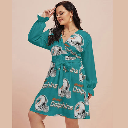 Miami Football Game Day All-Over Print Women's V-neck Dress With Waistband(Plus Size)
