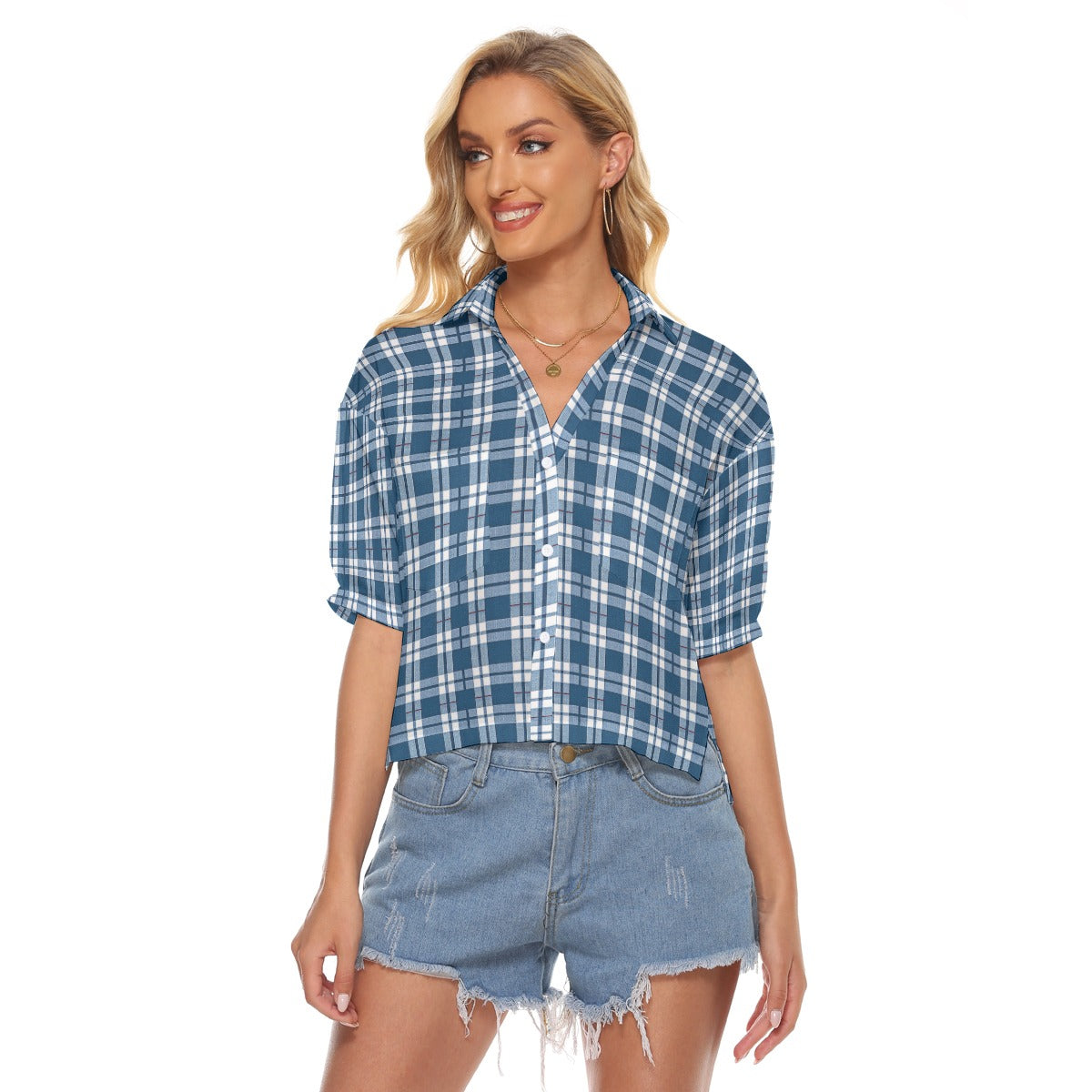 Connecticut Huskies Tartan Plaid Women's V-Neck Shirt – Blue and White College Streetwear for Modern