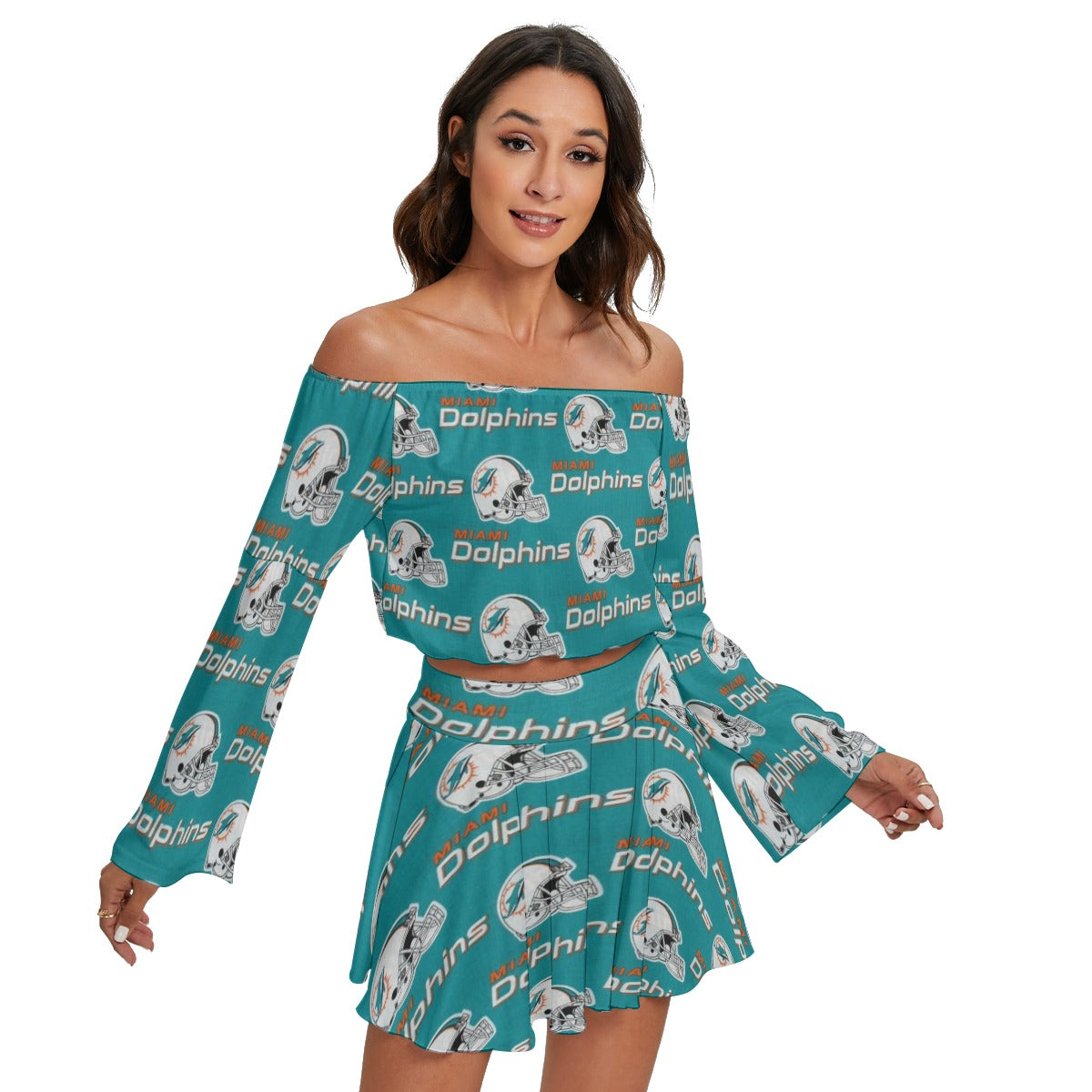 Miami Football Game Day All-Over Print Women's Off-shoulder Top And Skirt Set