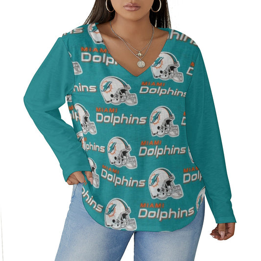 Miami Football Game Day All-Over Print Women's V-neck T-shirt With Curved Hem(Plus Size)