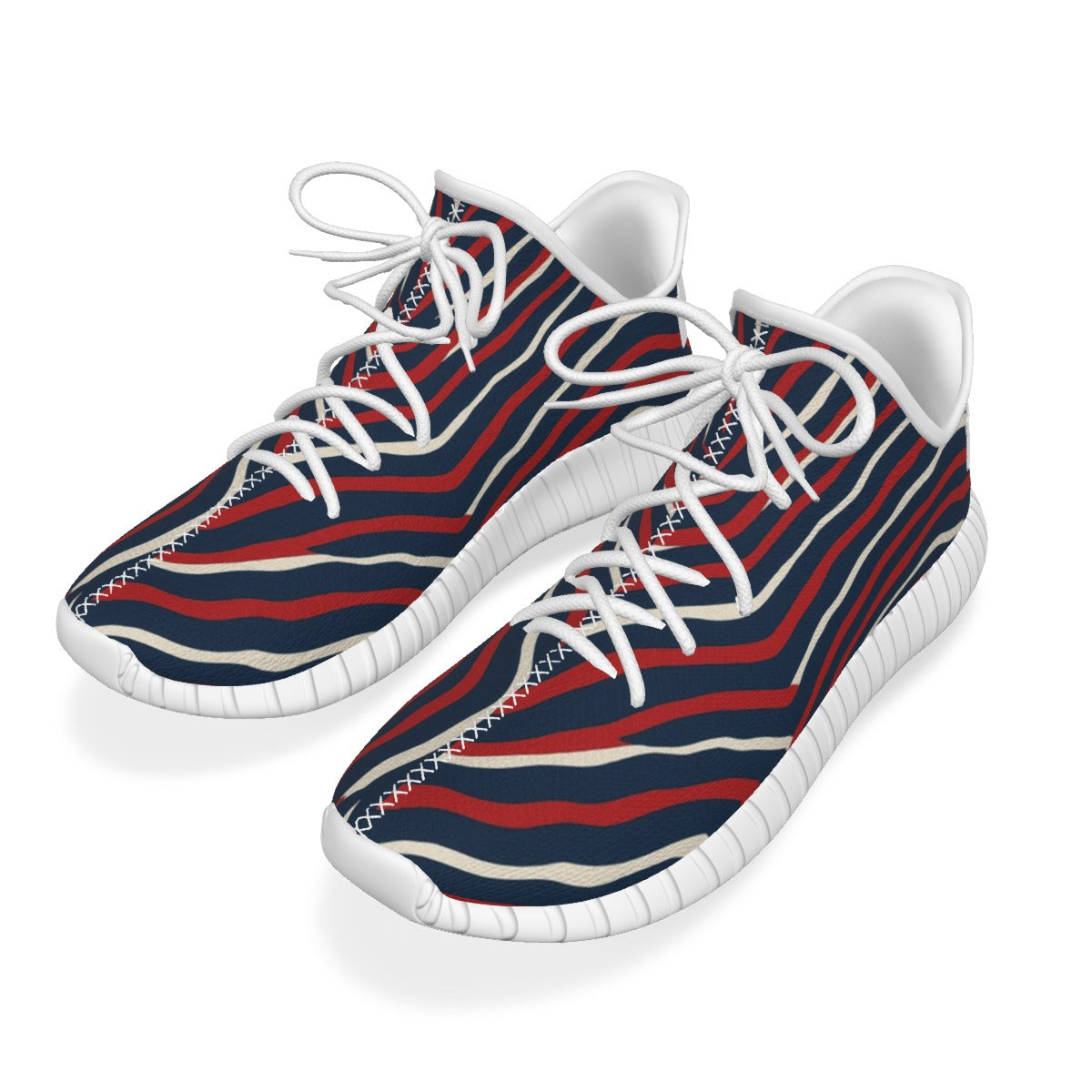 Sneakers with red, white, and blue striped pattern on a white background