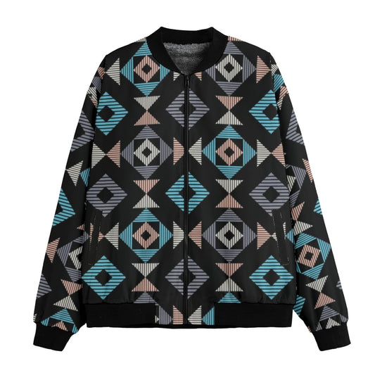 BoomBox Vibes Navajo Mosaic Rug Striped Fleece Bomber Jacket – Traditional Meets Streetwear