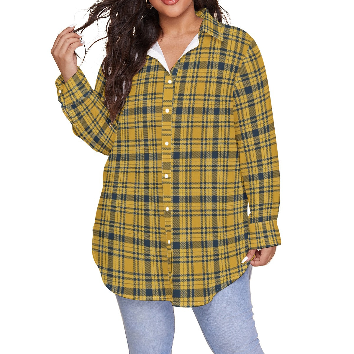Georgia Yellow Jackets Tartan Plaid Women's Shirt With Long Sleeve(Plus Size)