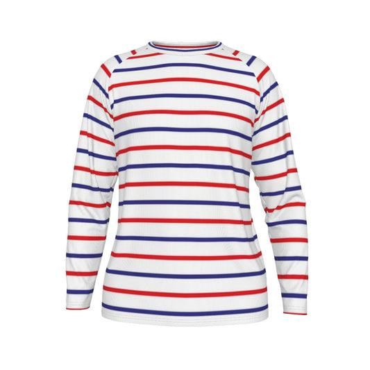 Long-sleeve shirt with red, white, and blue horizontal stripes on a white background