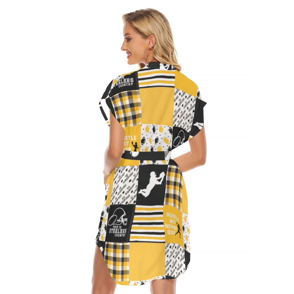 All-Over Print Women's Stand-up Collar Casual Dress With Belt