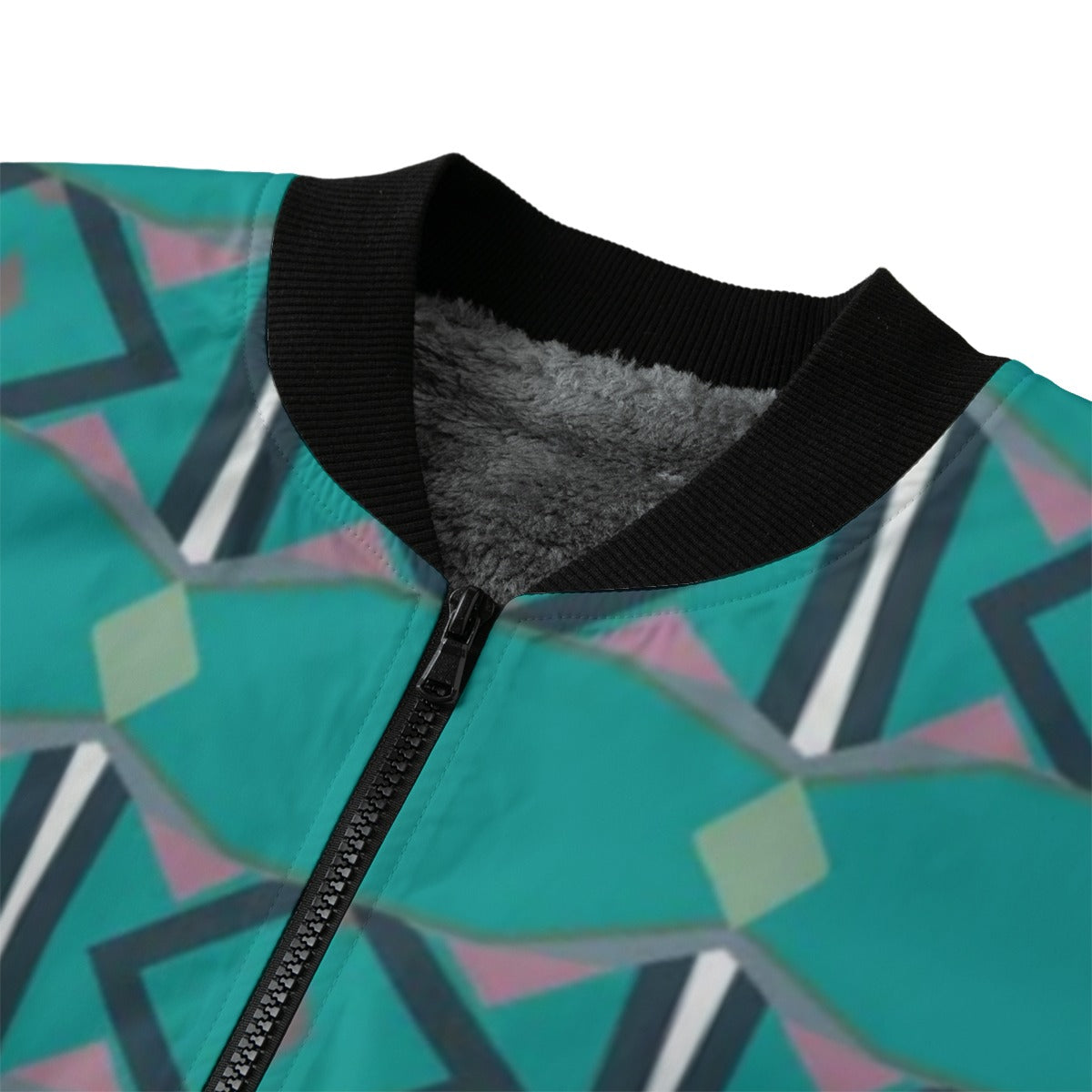 BoomBox Vibes Green Geometric Shapes Fleece Bomber Jacket – Futuristic Urban Streetwear
