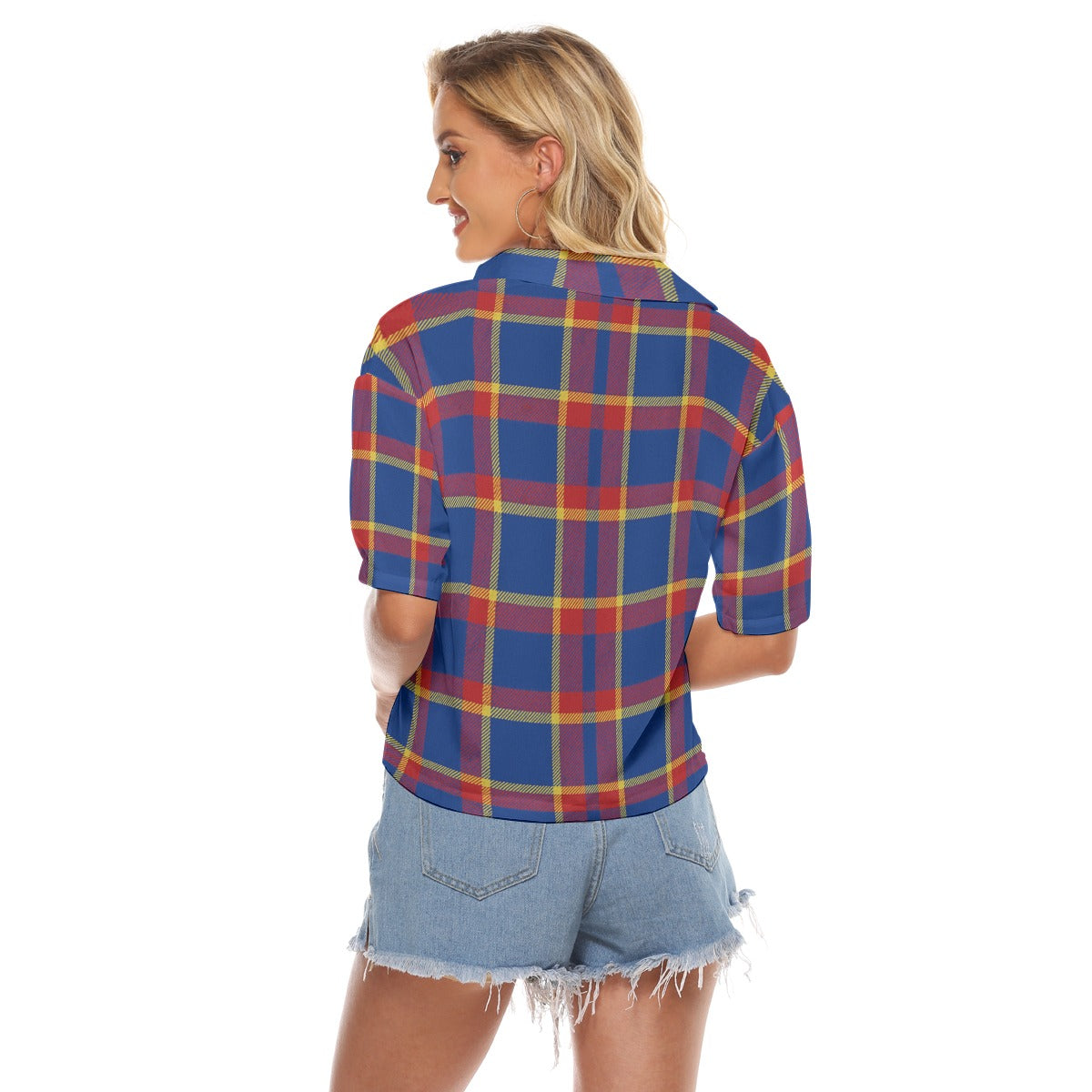 Urban Legend Kansas Jayhawks Tartan Plaid Women's V-Neck Shirt – Blue, Crimson, and Yellow College S