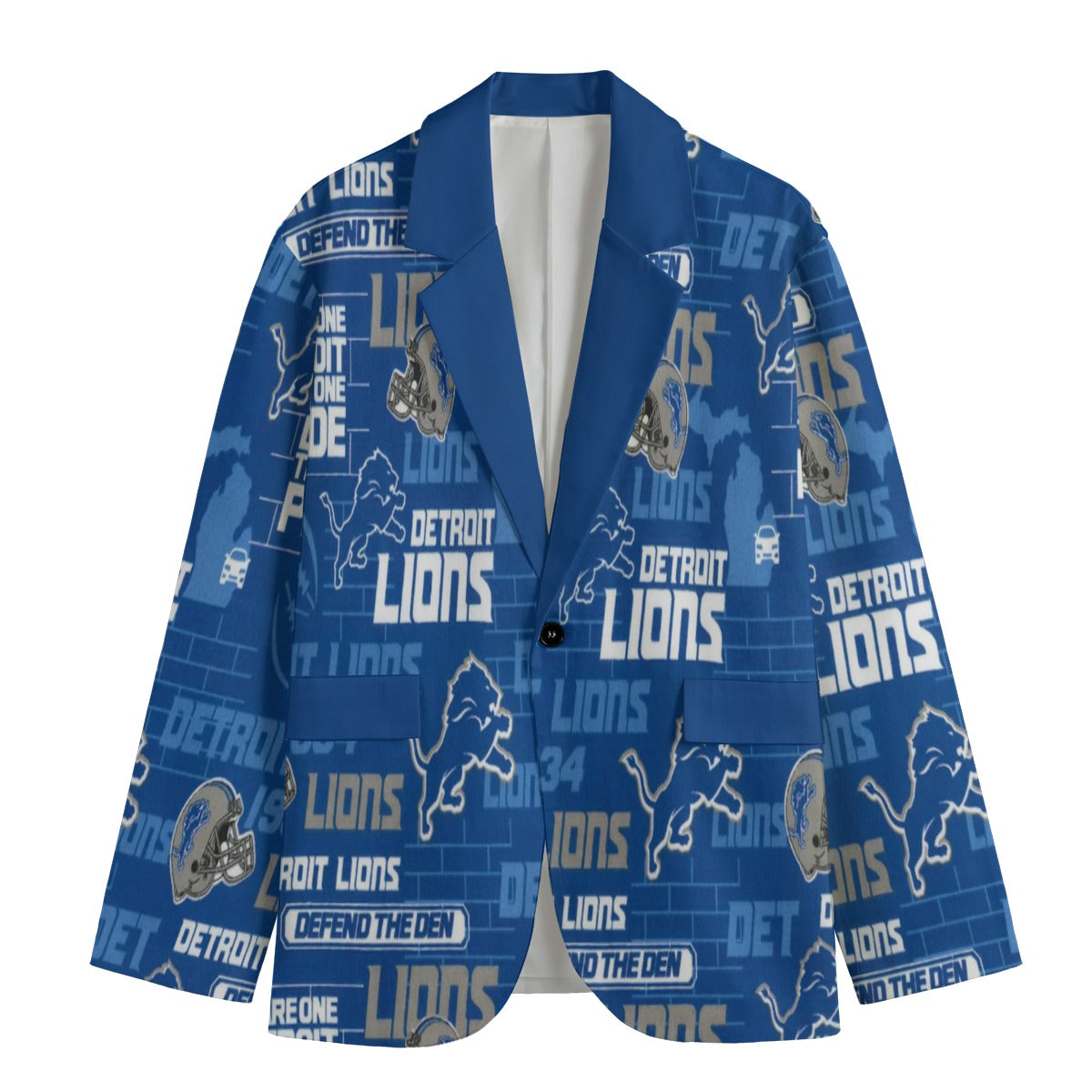 Blue blazer with Detroit Lions logos and text on a white background
