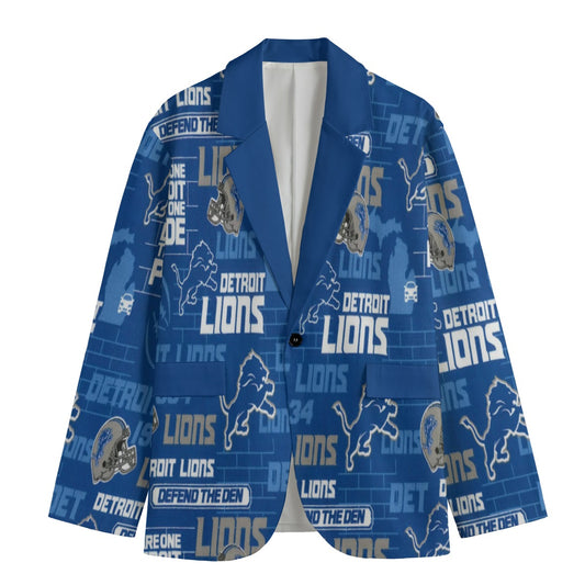 Blue blazer with Detroit Lions logos and text on a white background