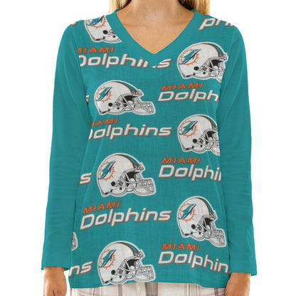 Miami Football Game Day All-Over Print Women's Loose V-Neck T-Shirt With Long Sleeve