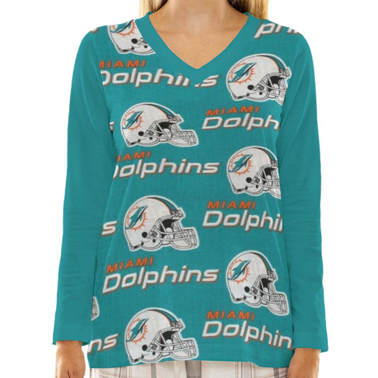Miami Football Game Day All-Over Print Women's Loose V-Neck T-Shirt With Long Sleeve