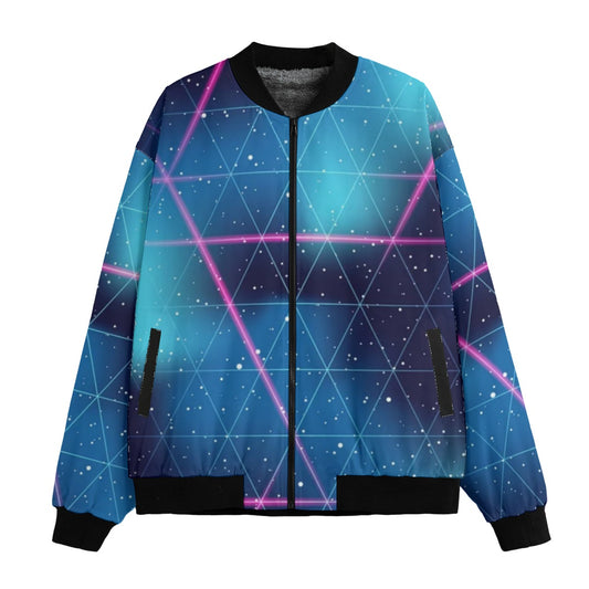 Neon Nights Retrofuturistic Space Background Fleece Bomber Jacket – Cosmic Streetwear Vibes