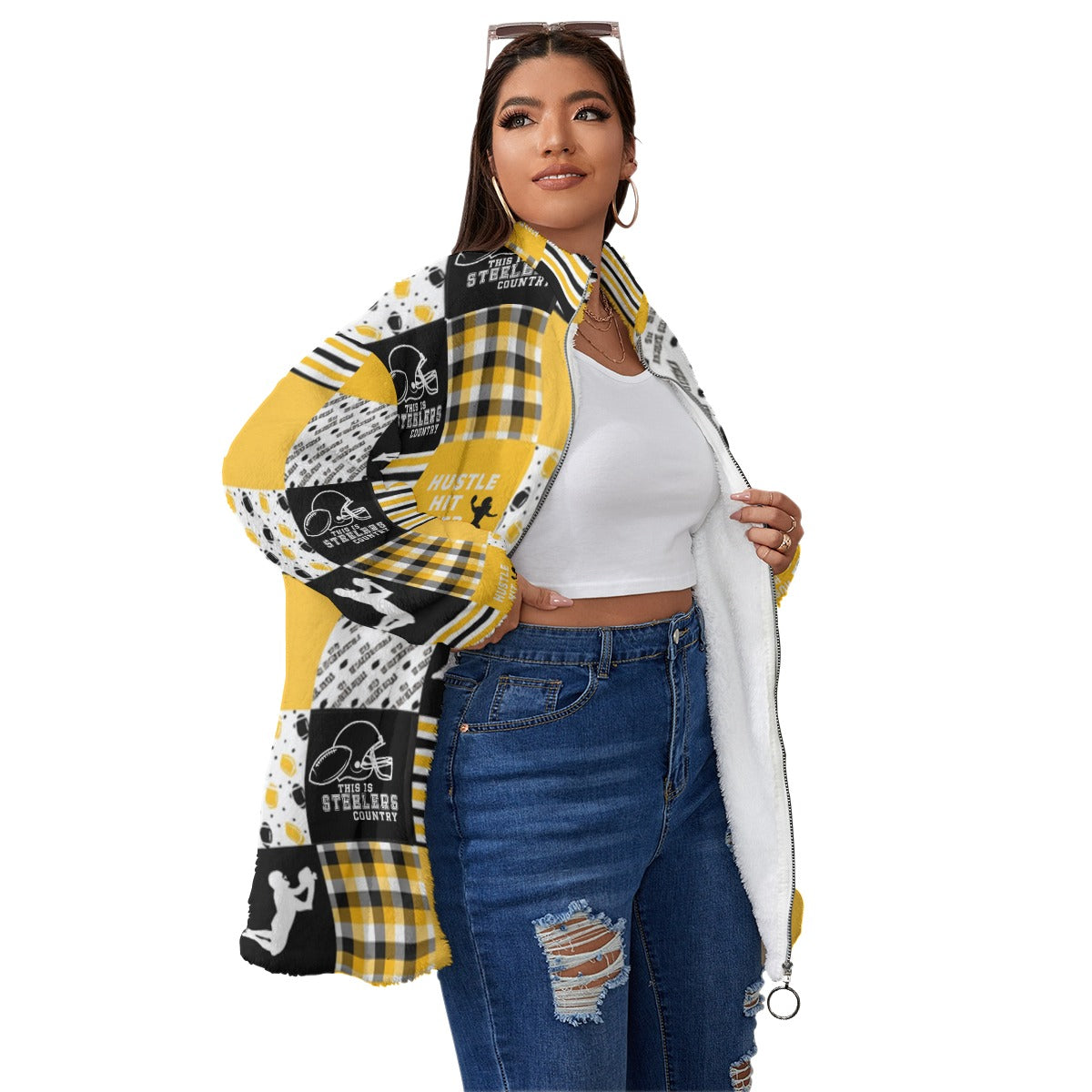 All-Over Print Unisex Borg Fleece Stand-up Collar Coat With Zipper Closure(Plus Size)