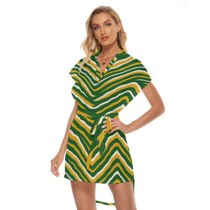 Green Bay Football Game Day All-Over Print Women's Stand-up Collar Casual Dress With Belt