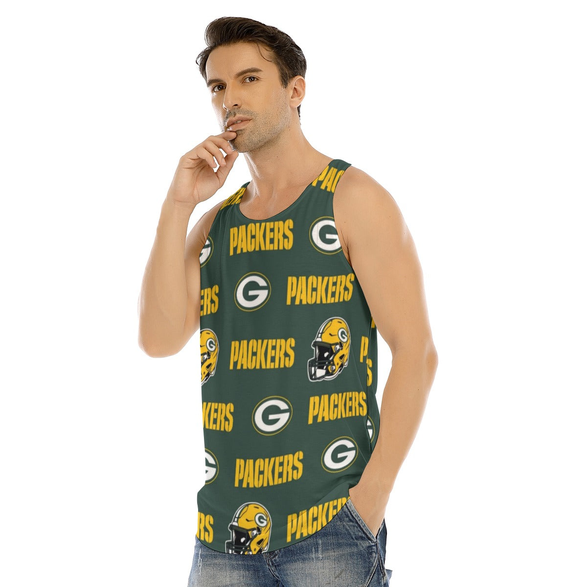 Green Bay Football Game Day All-Over Print Men's Curved Hem Long Tank Top
