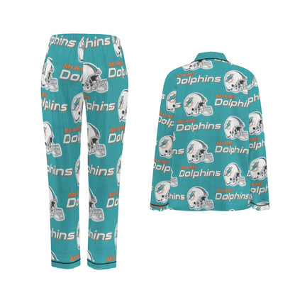 Miami Football Game Day All-Over Print Women's Long Sleeve Pajama Set With Black Contrast Piping