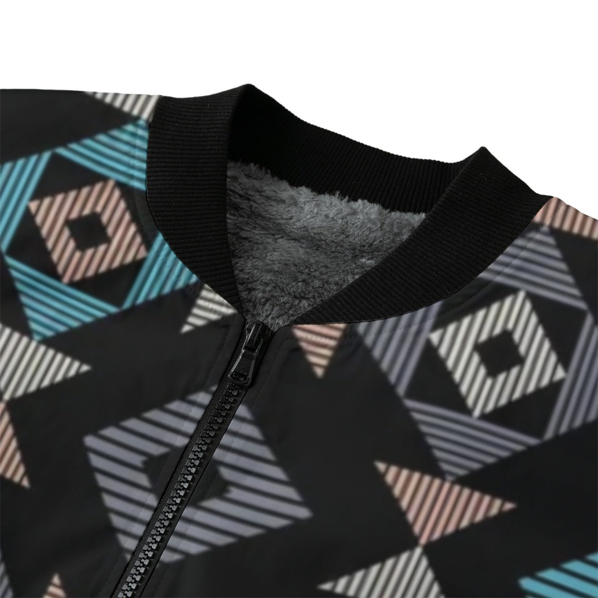 BoomBox Vibes Navajo Mosaic Rug Striped Fleece Bomber Jacket – Traditional Meets Streetwear