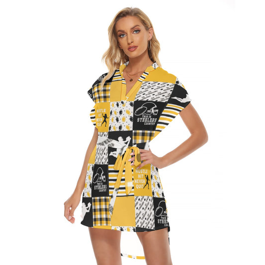 All-Over Print Women's Stand-up Collar Casual Dress With Belt