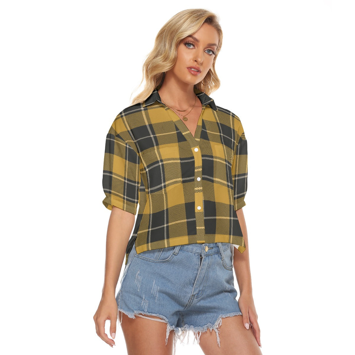 Urban Legend Georgia Yellow Jackets Tartan Plaid Women's V-Neck Shirt – Gold and Black College Stree