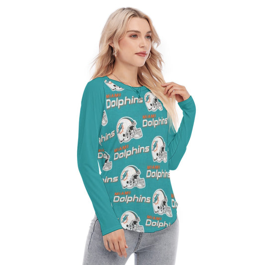 Miami Football Game Day All-Over Print Women's Raglan Sleeves U-Shaped Hem Long Sleeves Blouse
