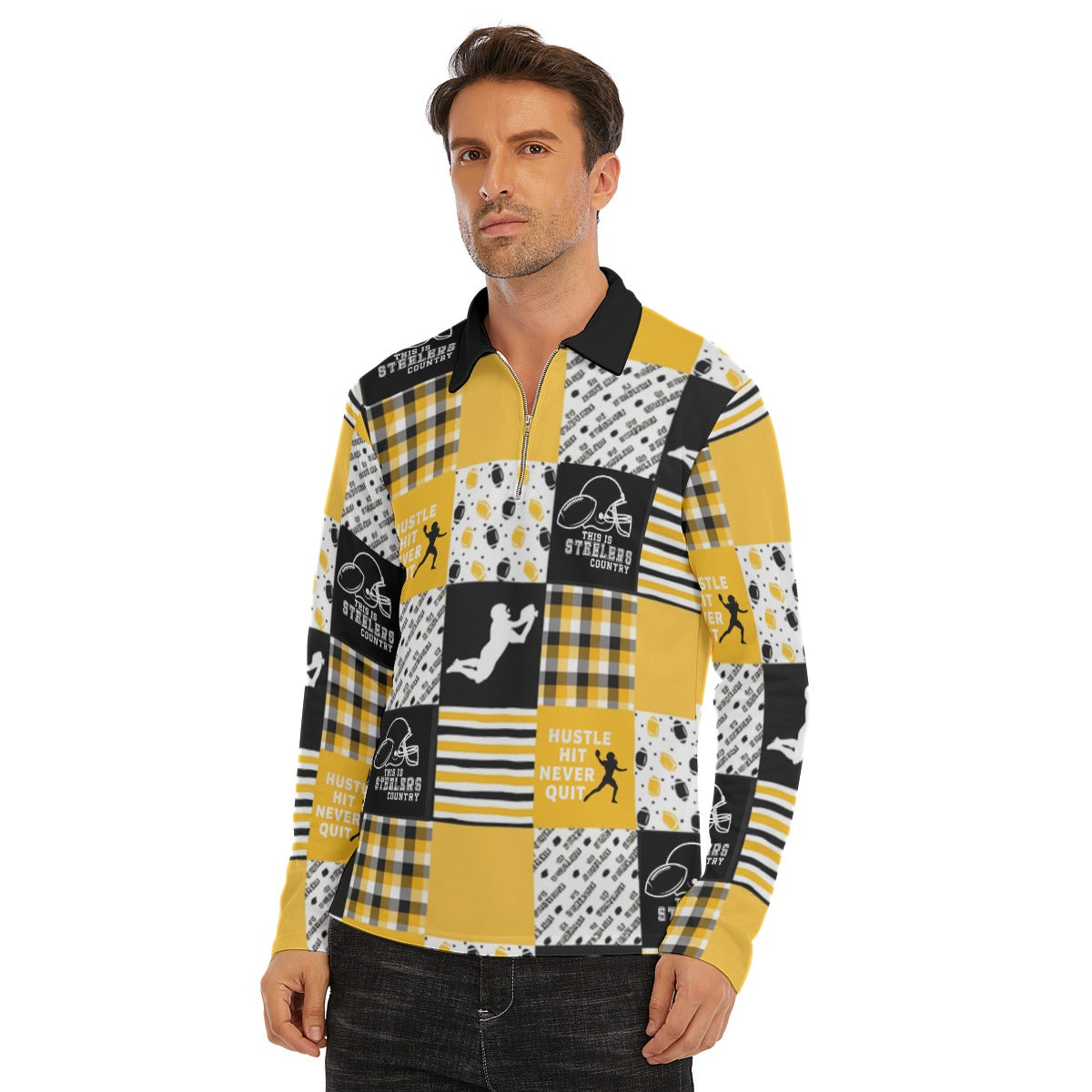 All-Over Print Men's Lapel T-shirt With Neckline Zipper Closure