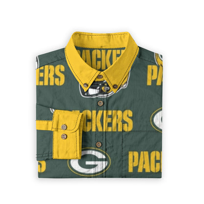Green Bay Football Game Day All-Over Print Men's Casual Lapel Long Sleeve Shirt|125GSM Cotton