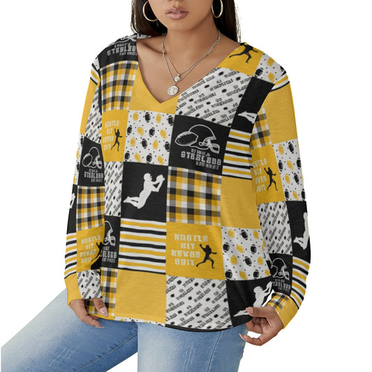 All-Over Print Women's V-neck T-shirt With Curved Hem(Plus Size)