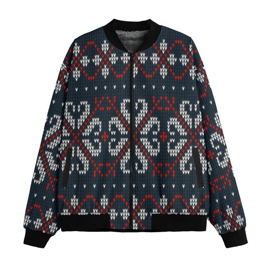 Urban Legend Snow Inspired Pattern Illustration Knitted Christmas and New Year Fleece Bomber Jacket