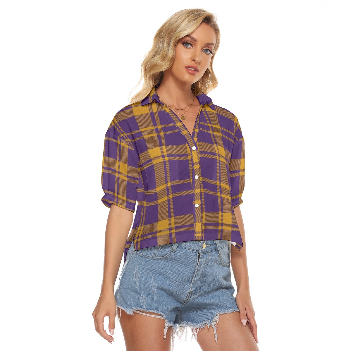 Urban Legend Louisiana Tigers Tartan Plaid Women's V-Neck Shirt – Purple and Gold College Streetwear