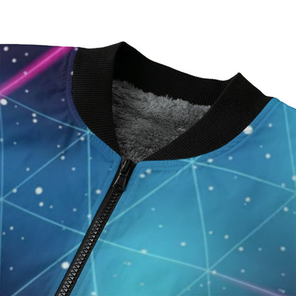 Neon Nights Retrofuturistic Space Background Fleece Bomber Jacket – Cosmic Streetwear Vibes